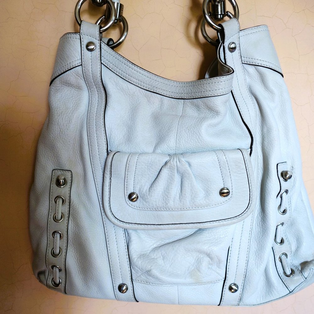 B Makowsky White Leather Satchel Bag with Two Shoulder Straps